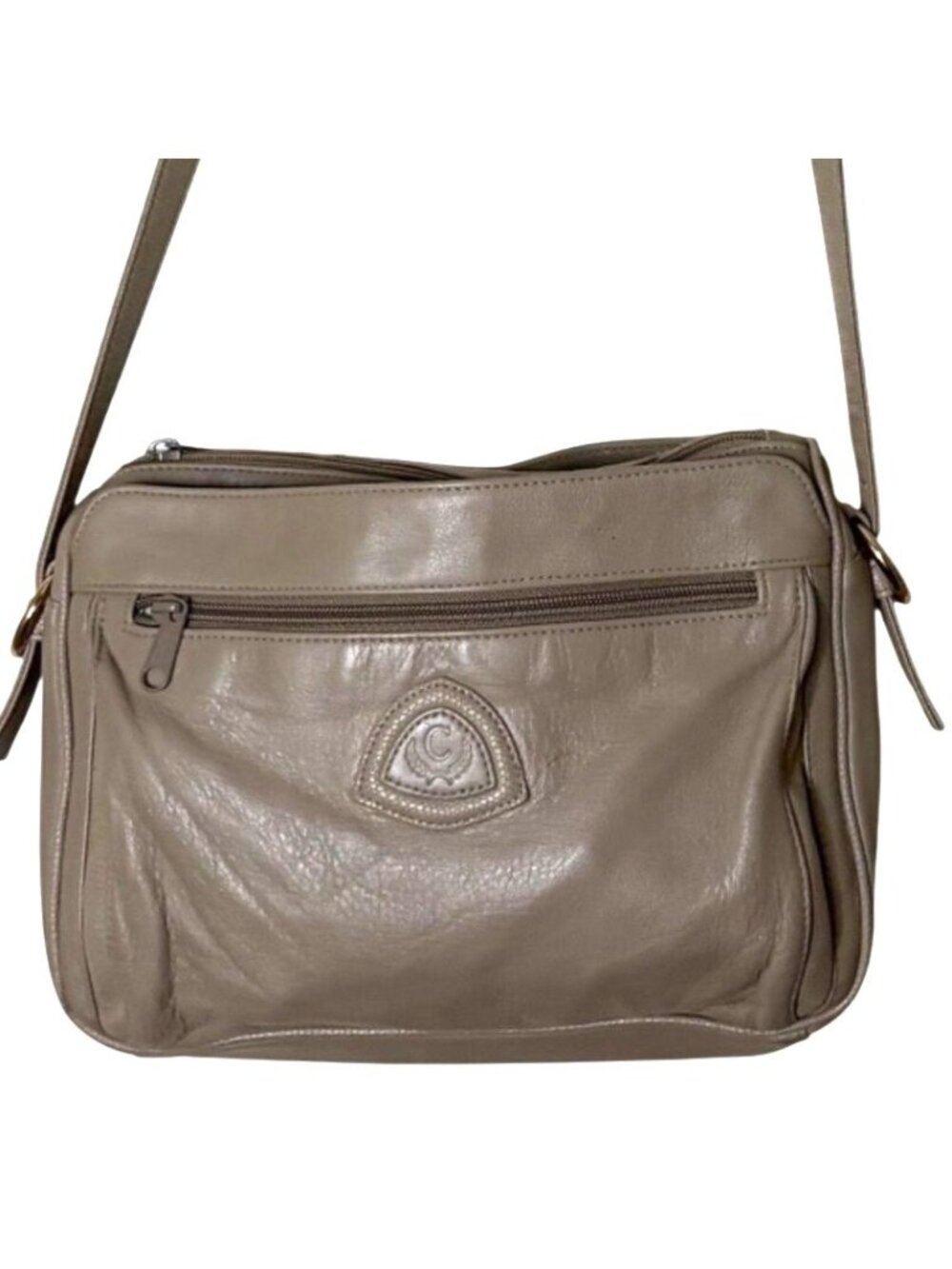 Vintage Chaus Taupe Genuine Leather Crossbody Shoulder Bag Multi Pocket Zip